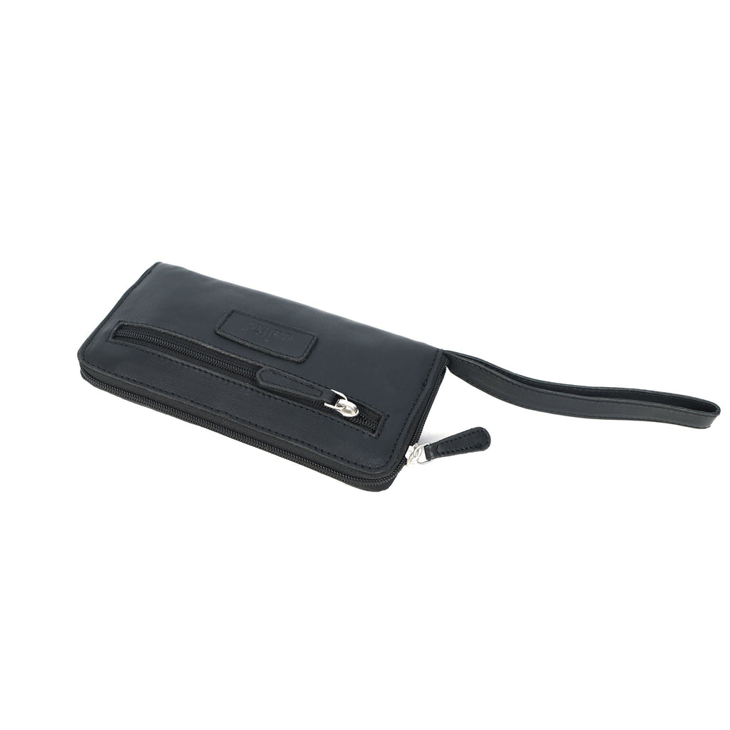 Premium Black Leather Zip-Around Wallet with Wrist Stra