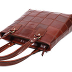 Genuine Leather Brown Tote Bag with Check Panel Design and Top Zip Closure