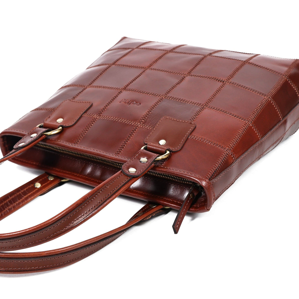 Genuine Leather Brown Tote Bag with Check Panel Design and Top Zip Closure