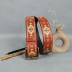 Handcrafted Aztec Pattern Leather Belt With Antique Buckle For Casual Ethnic Styling