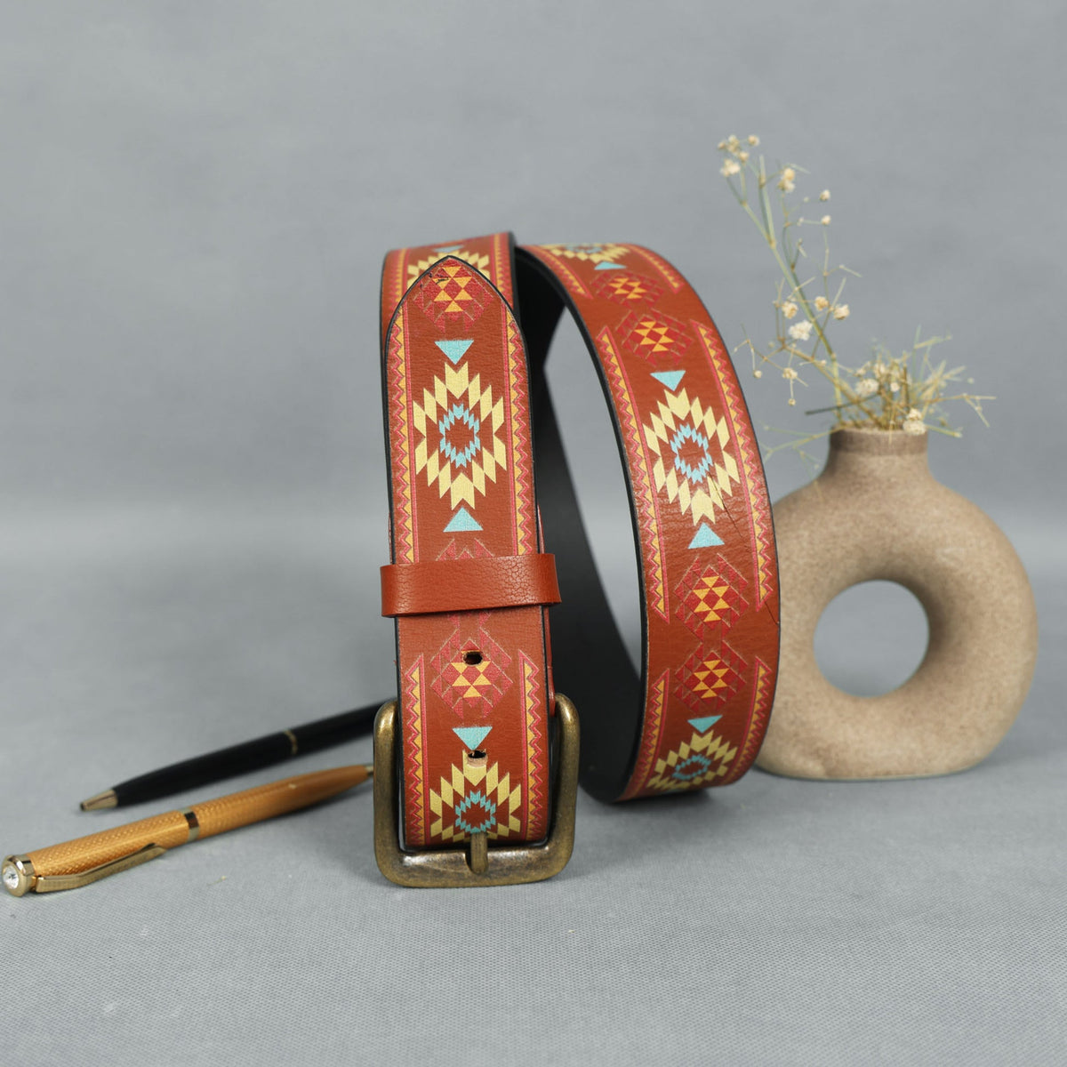 Handcrafted Aztec Pattern Leather Belt With Antique Buckle For Casual Ethnic Styling