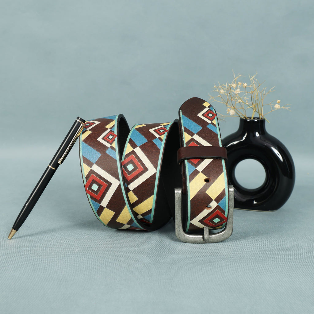 Unisex Handcrafted Patterned Leather Fabric Belt With Vintage Buckle For Casual Wear