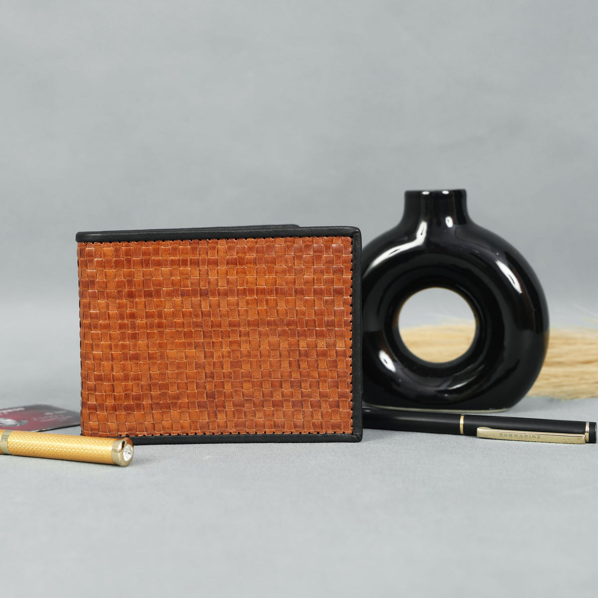 Celtic Handwoven Genuine Leather Bi-Fold Wallet – Tan & Black
