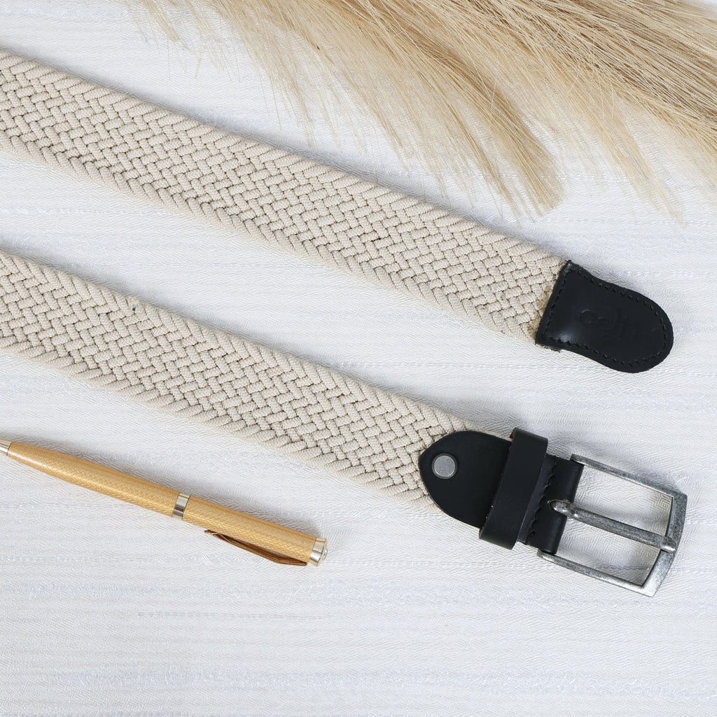 Unisex Woven Beige Belt With Black Leather Tip Silver Buckle Casual Formal Wear