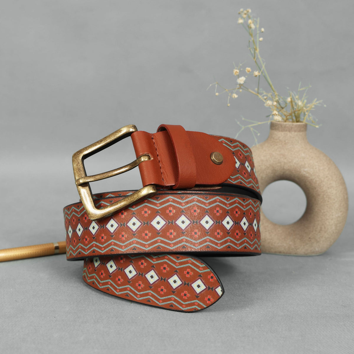 Handcrafted Aztec Pattern Leather Canvas Belt With Antique Buckle For Casual Wear