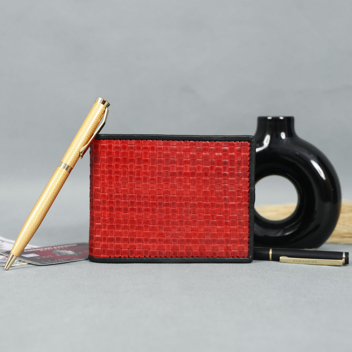 Celtic Handwoven Genuine Leather Bi-Fold Wallet – Red & Black