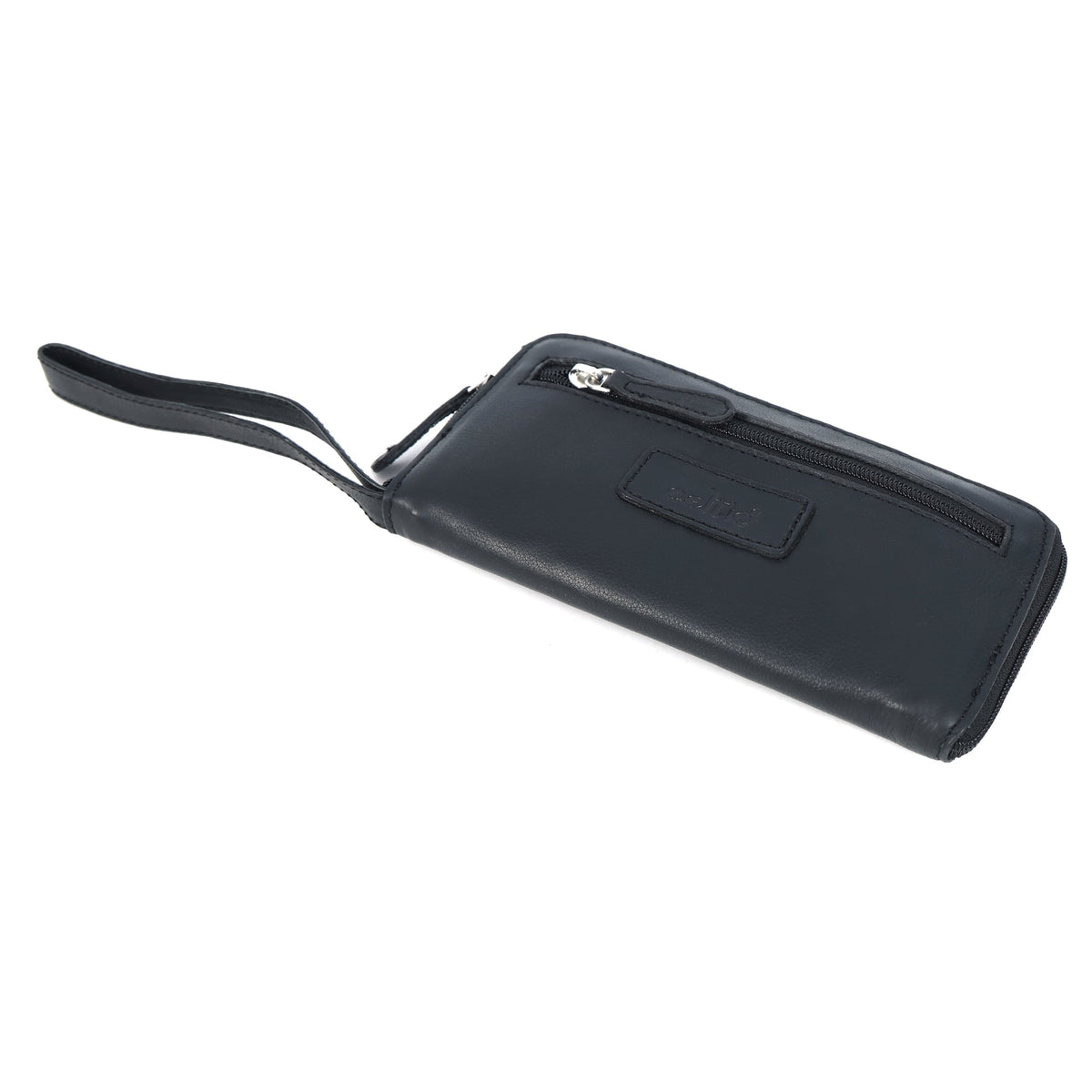 Premium Black Leather Zip-Around Wallet with Wrist Stra