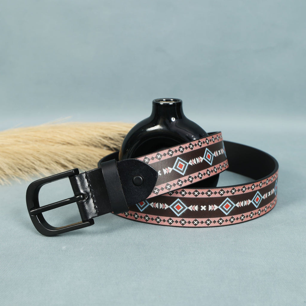 Unisex Geometric Patterned Leather Belt With Black Buckle For Casual Everyday Wear