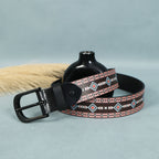 Unisex Geometric Patterned Leather Belt With Black Buckle For Casual Everyday Wear
