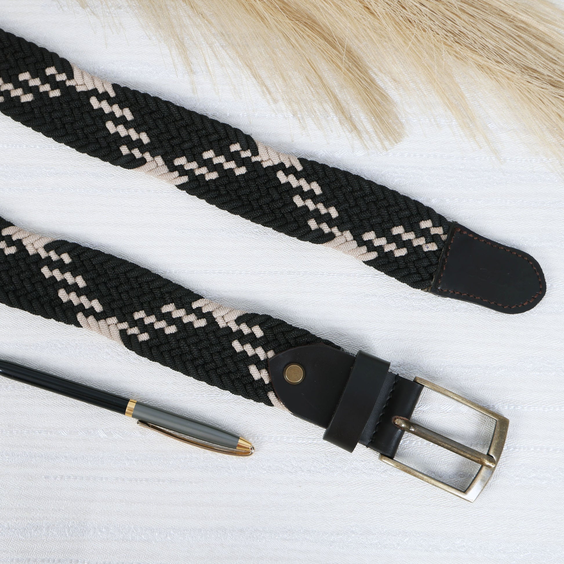 Unisex Handwoven Elastic Belt With Leather Finish And Metal Buckle For Casual Wear