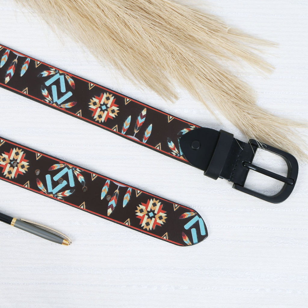 Ethnic Patterned Leather Buckle Strap Handmade Adjustable Designer Waist Accessory