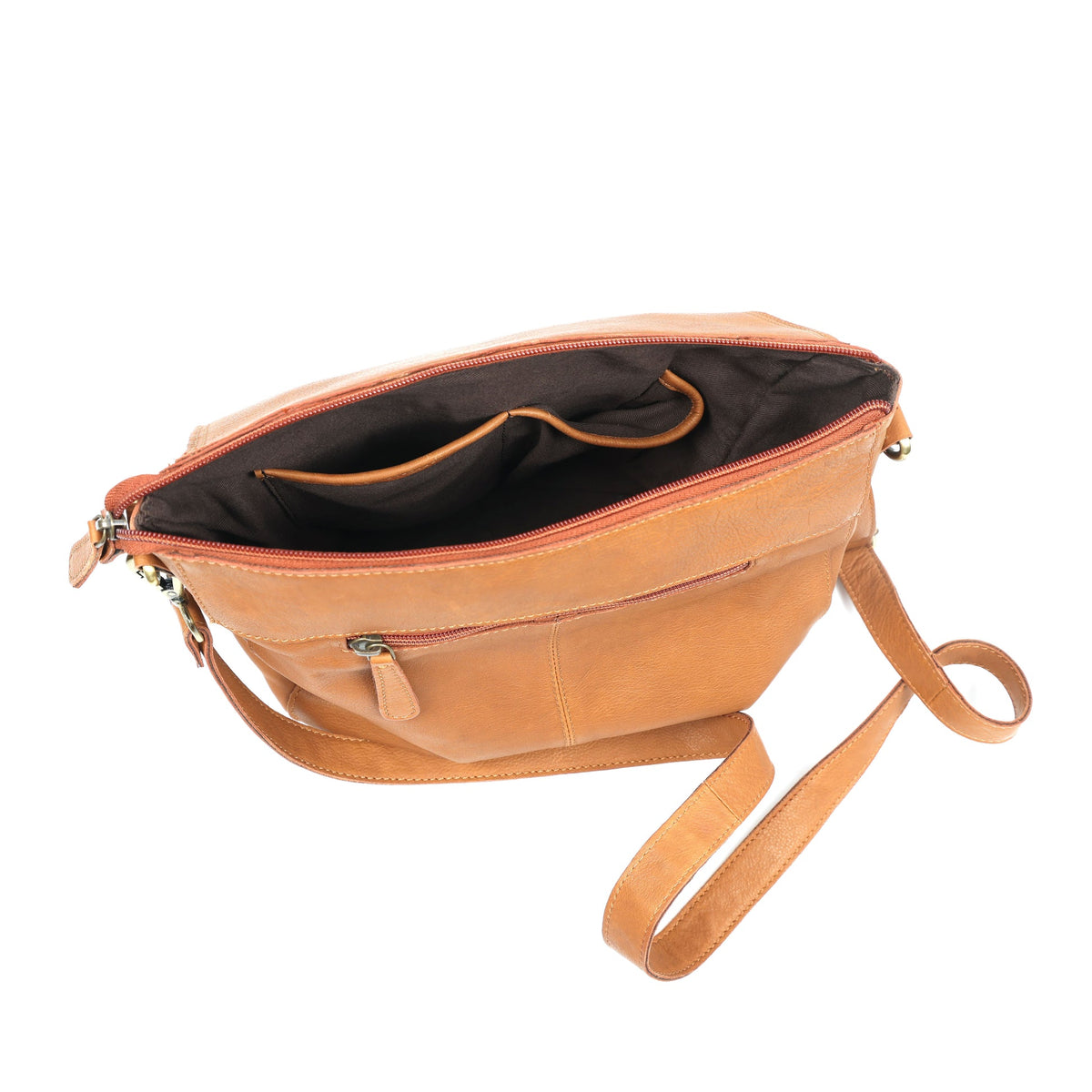 Premium Tan Leather Crossbody Messenger Bag with Multiple Zip Pockets & Adjustable Strap