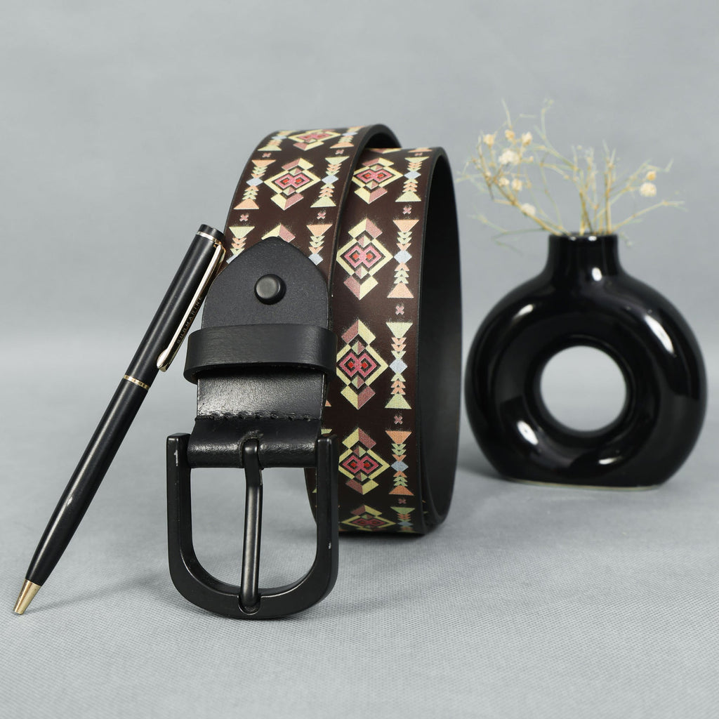 Black Printed Belt with Matte Buckle & Leather Wallet Gift Combo