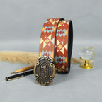 Unisex Aztec Pattern Leather Belt With Antique Buckle Handmade Ethnic Style Accessory.