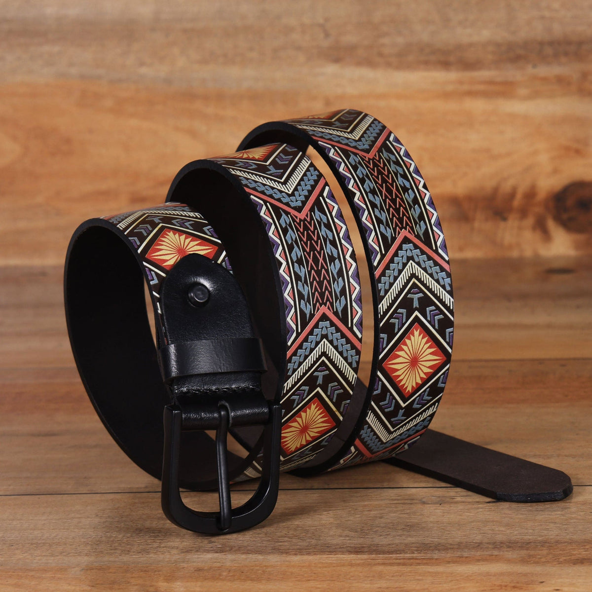 Men Genuine Leather Tribal Geometric Multicolor Waist Accessory Matte Buckle