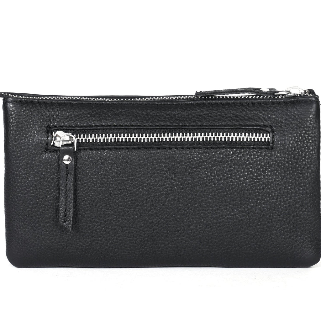 Premium Black Genuine Leather Sling Clutch with Dual Zip Compartments & Adjustable Strap