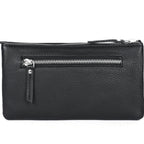 Premium Black Genuine Leather Sling Clutch with Dual Zip Compartments & Adjustable Strap