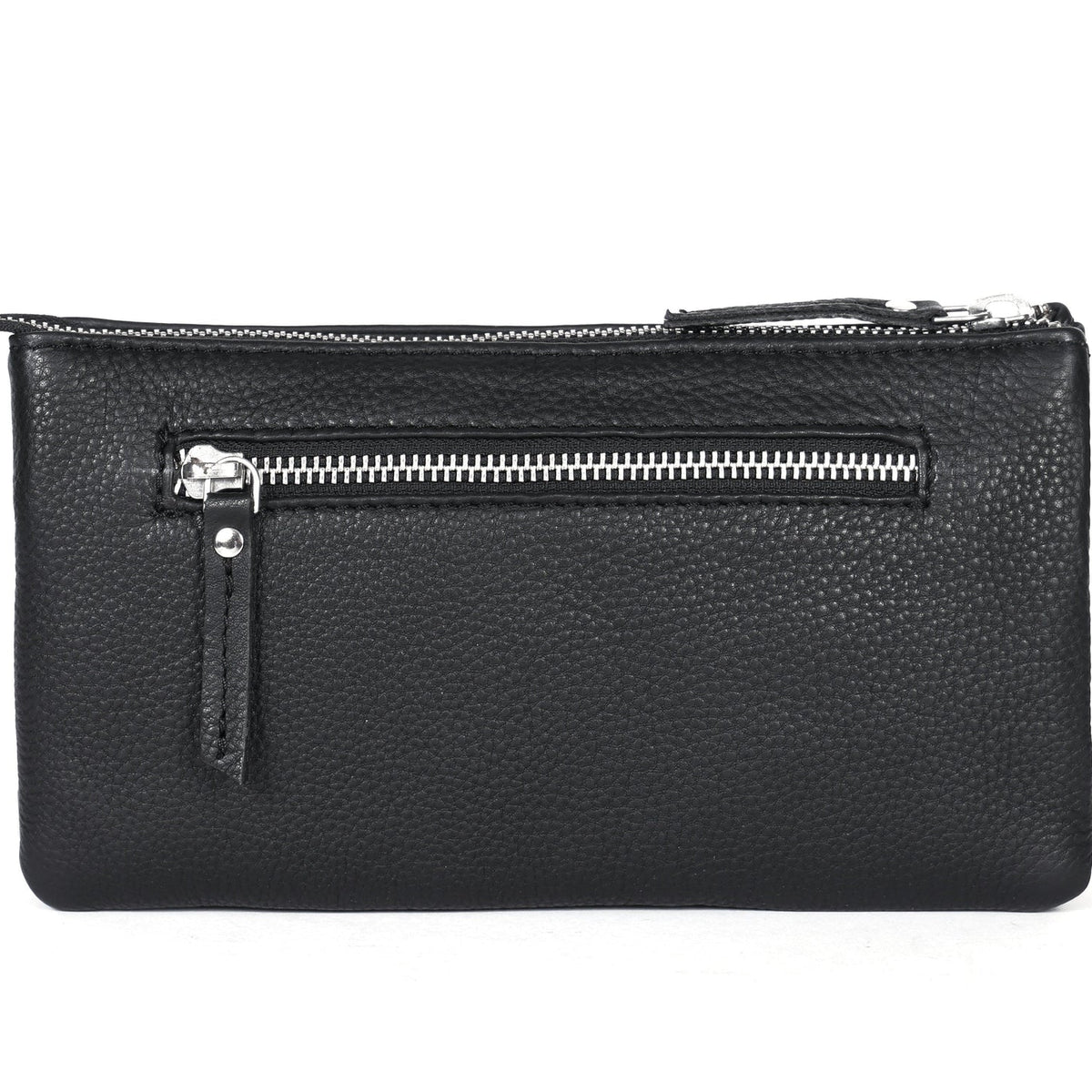 Premium Black Genuine Leather Sling Clutch with Dual Zip Compartments & Adjustable Strap