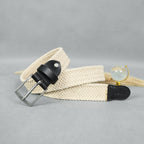 Unisex Woven Beige Belt With Black Leather Tip Silver Buckle Casual Formal Wear