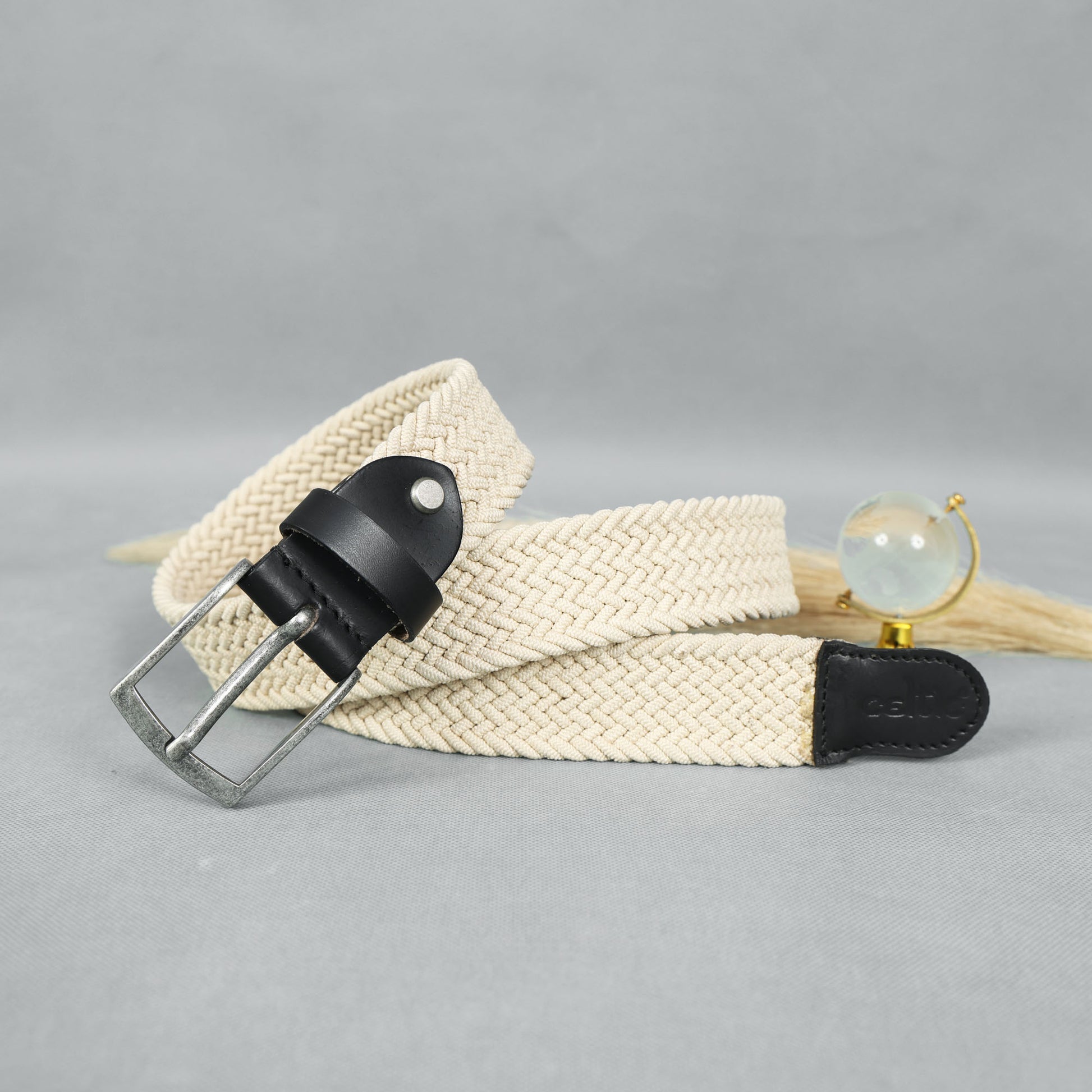 Unisex Woven Beige Belt With Black Leather Tip Silver Buckle Casual Formal Wear