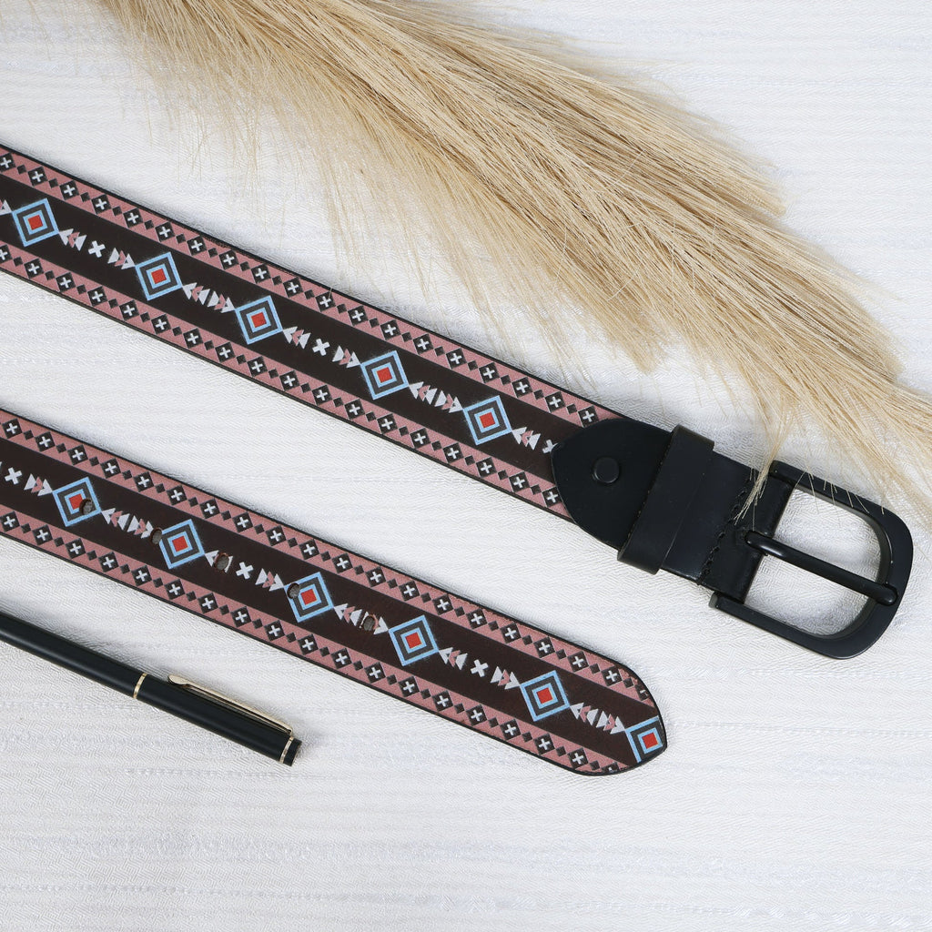 Unisex Geometric Patterned Leather Belt With Black Buckle For Casual Everyday Wear