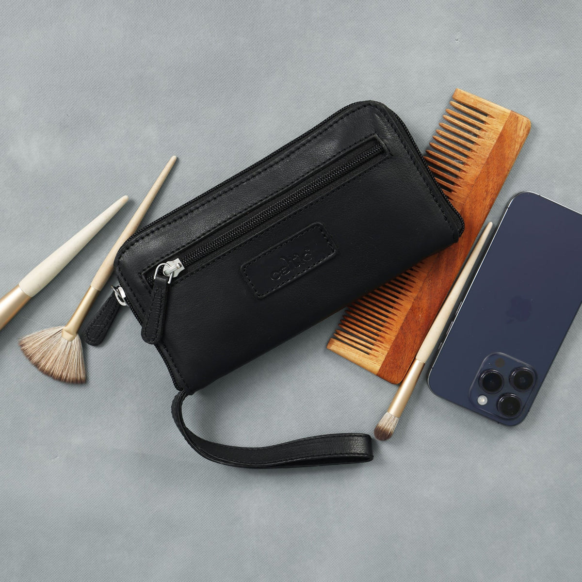 Premium Black Leather Zip-Around Wallet with Wrist Stra