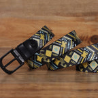 Unisex Genuine Leather Tribal Geometric Yellow Black Waist Accessory Matte Buckle