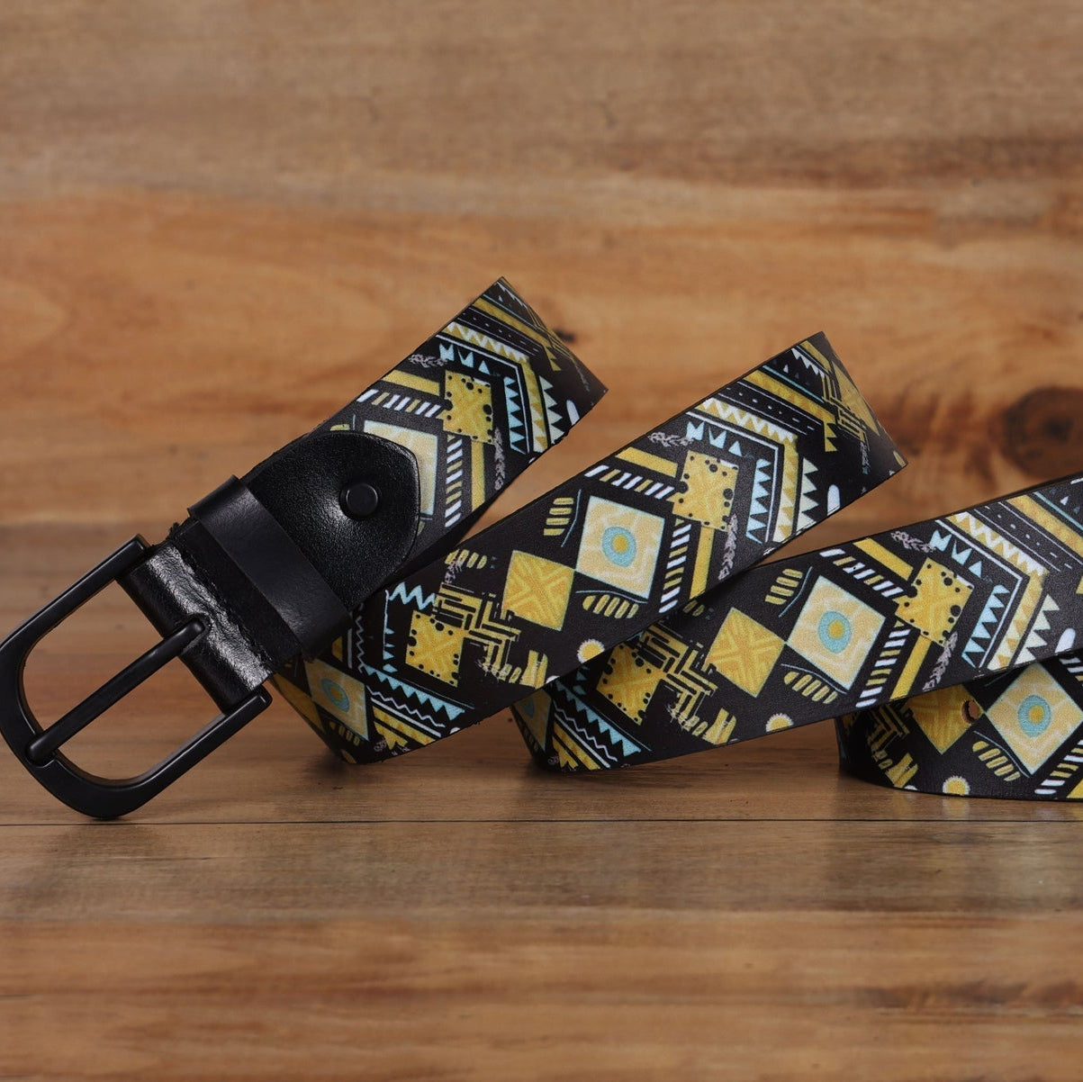 Unisex Genuine Leather Tribal Geometric Yellow Black Waist Accessory Matte Buckle