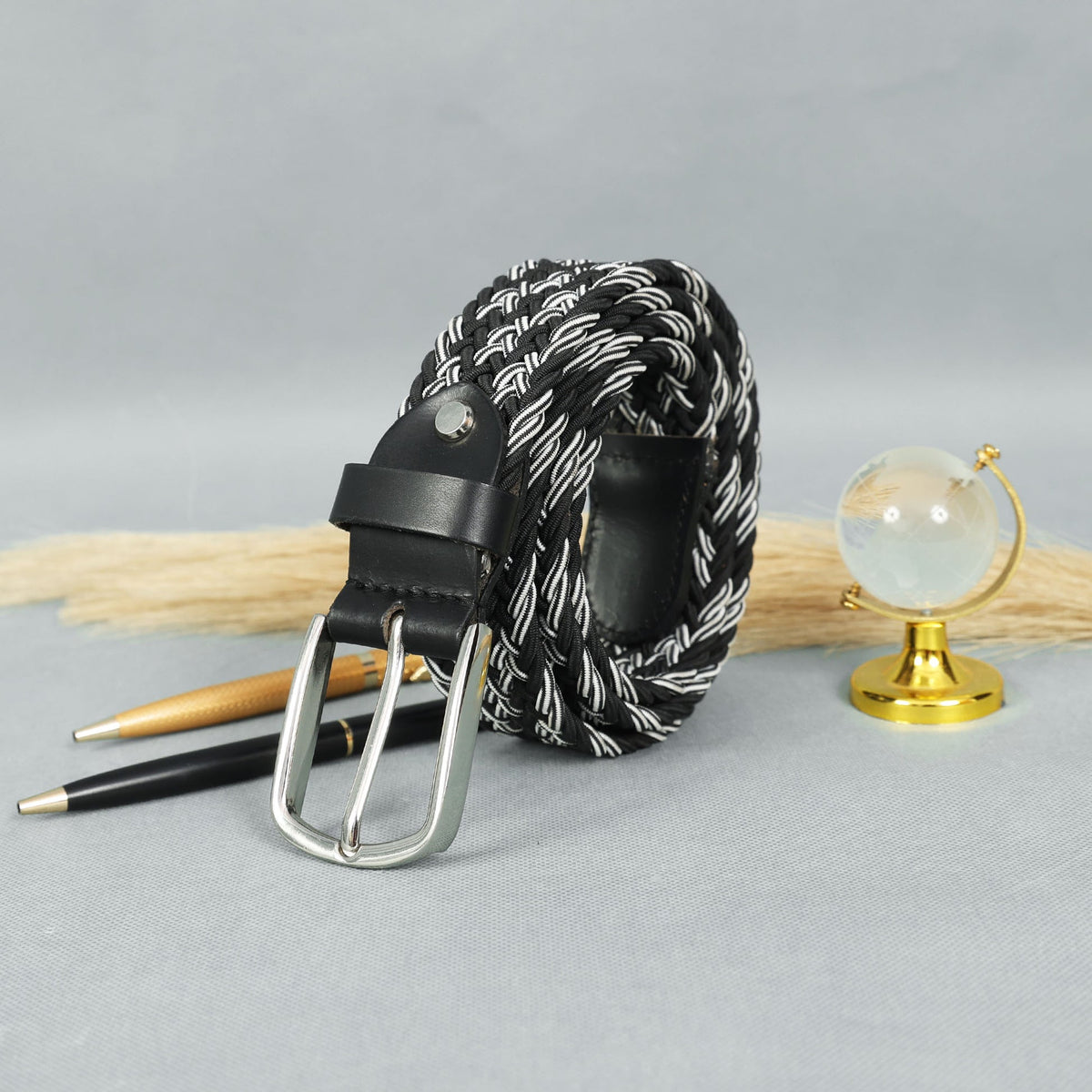 Handwoven Elastic Braided Belt With Leather Ends Adjustable Casual Wear Accessory