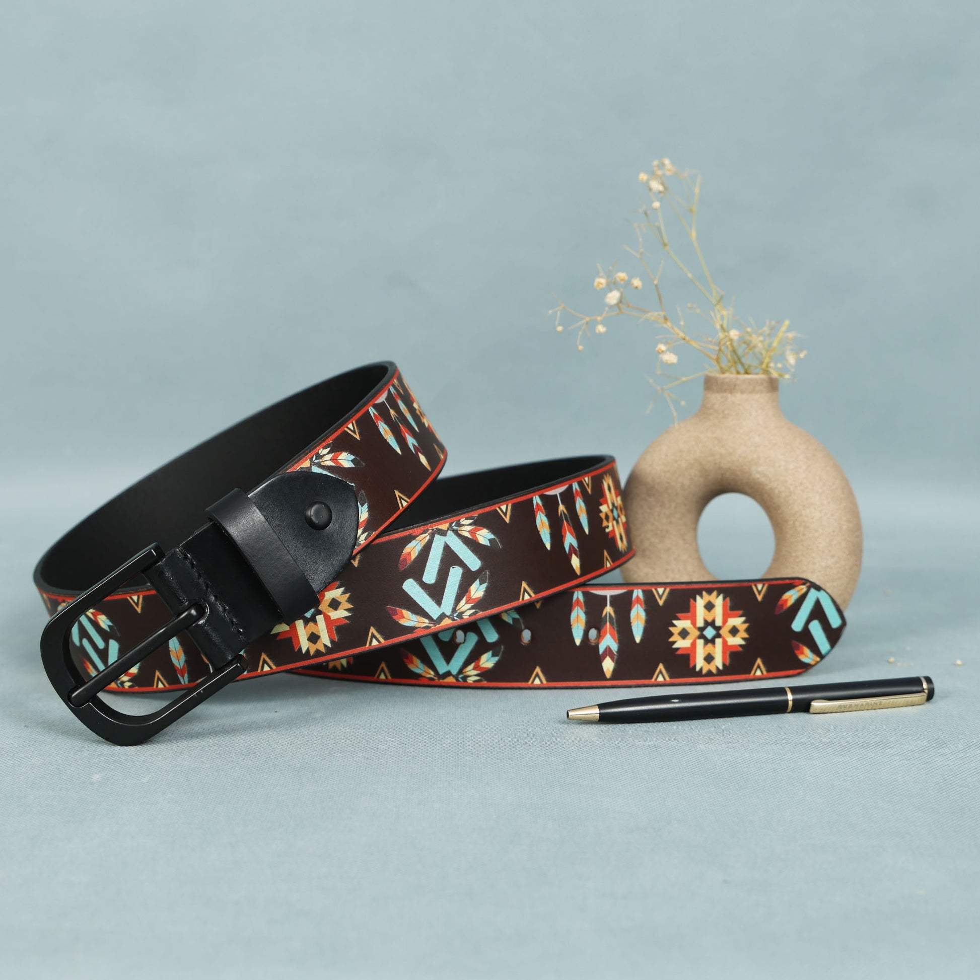 Ethnic Patterned Leather Buckle Strap Handmade Adjustable Designer Waist Accessory