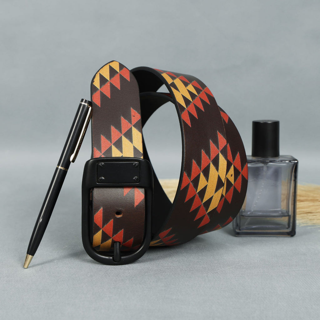 Unisex Geometric Tribal Print Leather Belt With Matte Black Buckle Stylish Casual Wear