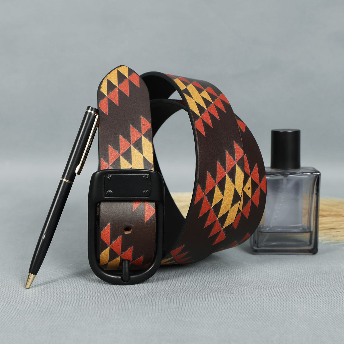 Unisex Geometric Tribal Print Leather Belt With Matte Black Buckle Stylish Casual Wear