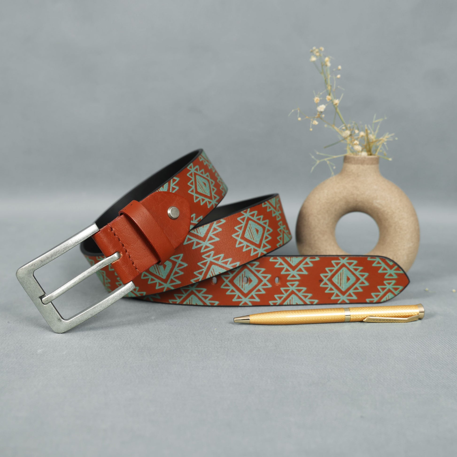 Unisex Geometric Ethnic Printed Leather Belt With Silver Buckle For Casual Wear