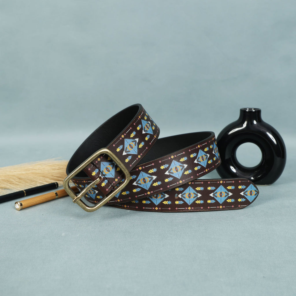 Unisex Handcrafted Tribal Pattern Leather Buckle Waistband Ethnic Style Durable Accessory.