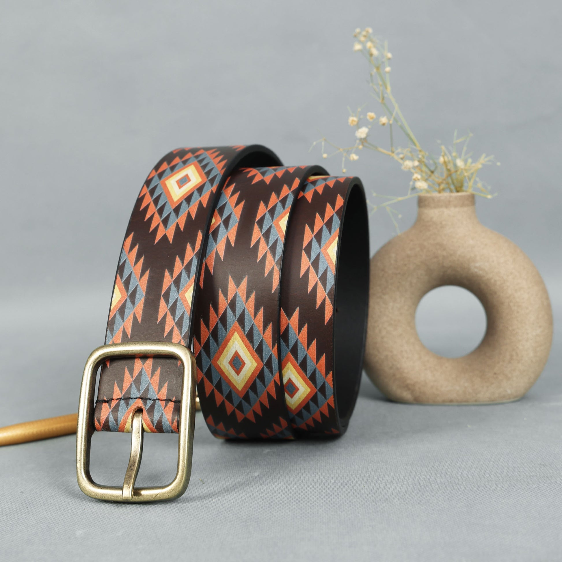 Unisex Ethnic Geometric Pattern Belt with Metal Buckle for Casual Traditional Wear