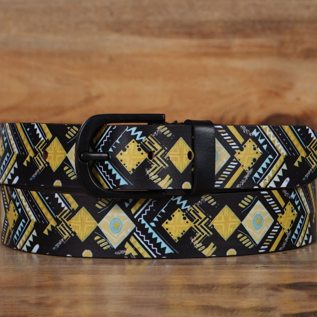 Unisex Genuine Leather Tribal Geometric Yellow Black Waist Accessory Matte Buckle