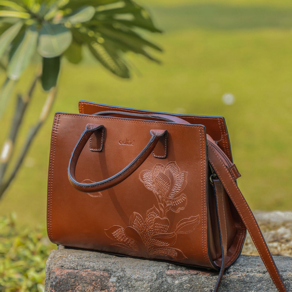 Premium Leather Tote with Floral Embossing, Top Handles, Zip Closure