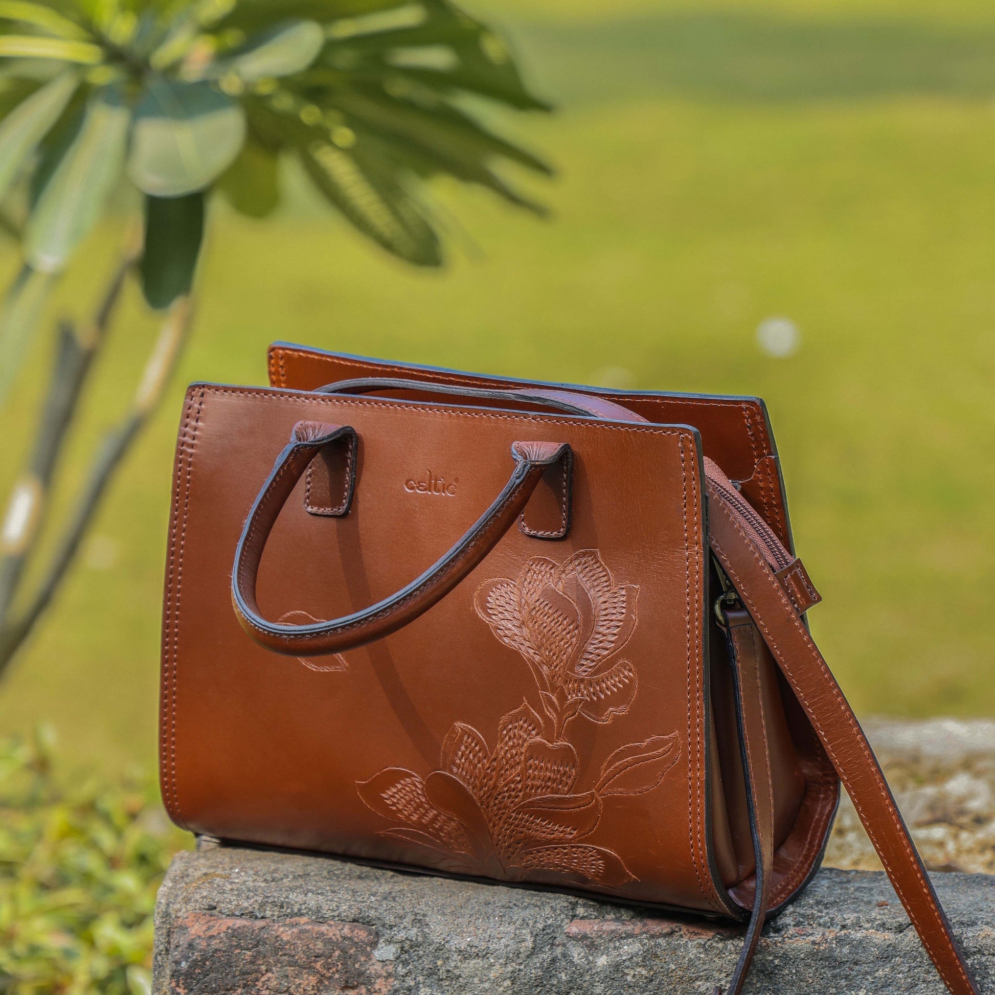 Premium Leather Tote with Floral Embossing, Top Handles, Zip Closure