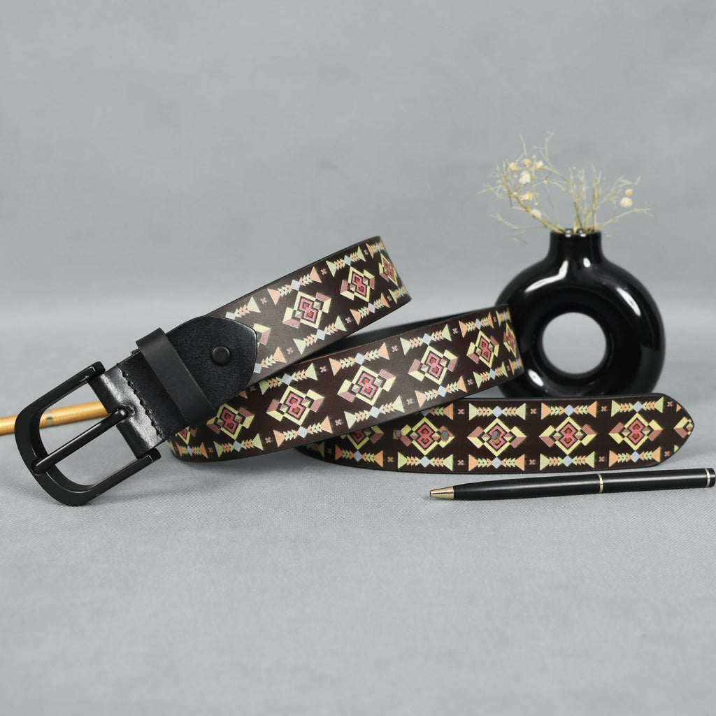 Unisex Geometric Patterned Canvas Leather Belt With Metal Buckle For Casual Everyday Wear