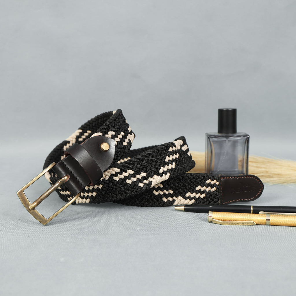 Unisex Handwoven Elastic Belt With Leather Finish And Metal Buckle For Casual Wear