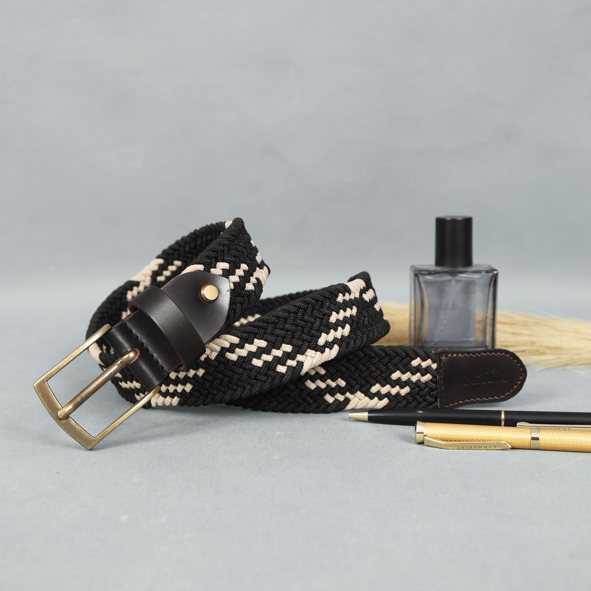 Unisex Handwoven Elastic Belt With Leather Finish And Metal Buckle For Casual Wear