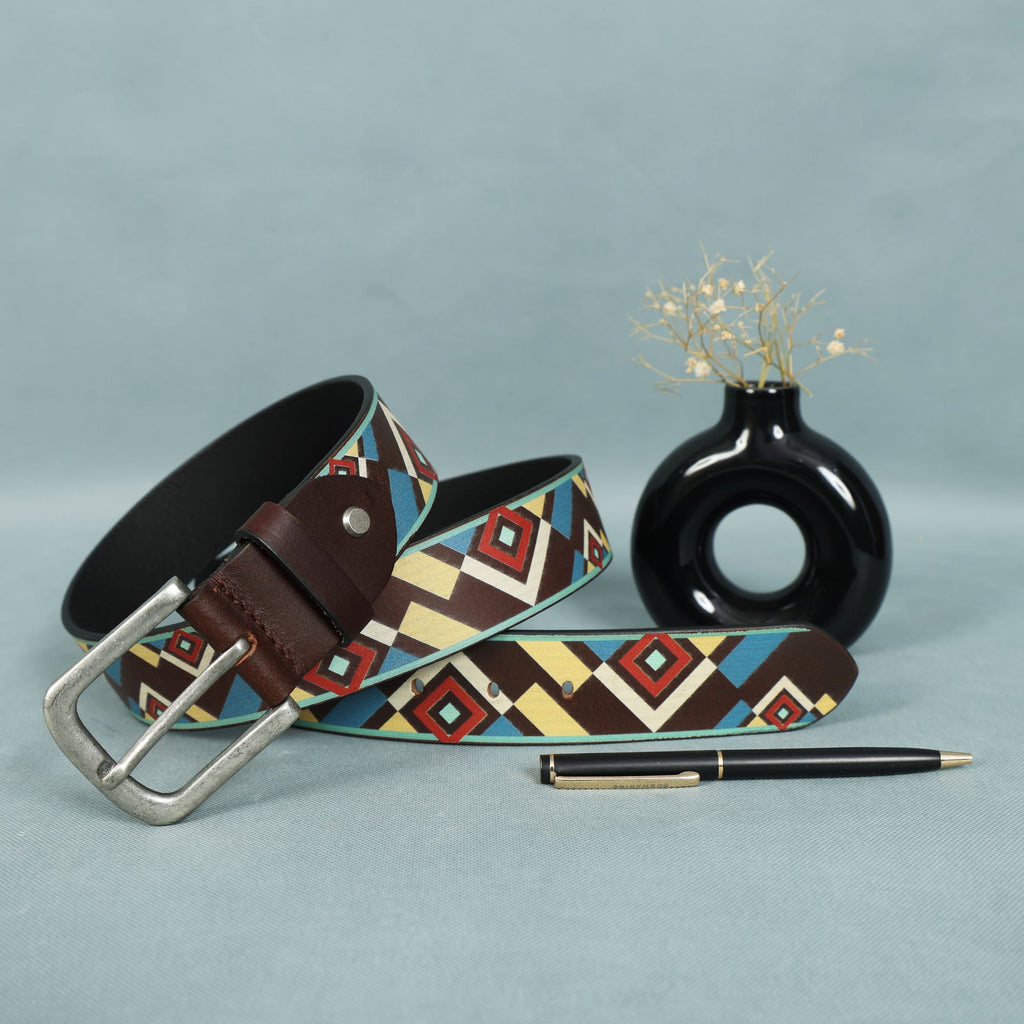 Unisex Handcrafted Patterned Leather Fabric Belt With Vintage Buckle For Casual Wear