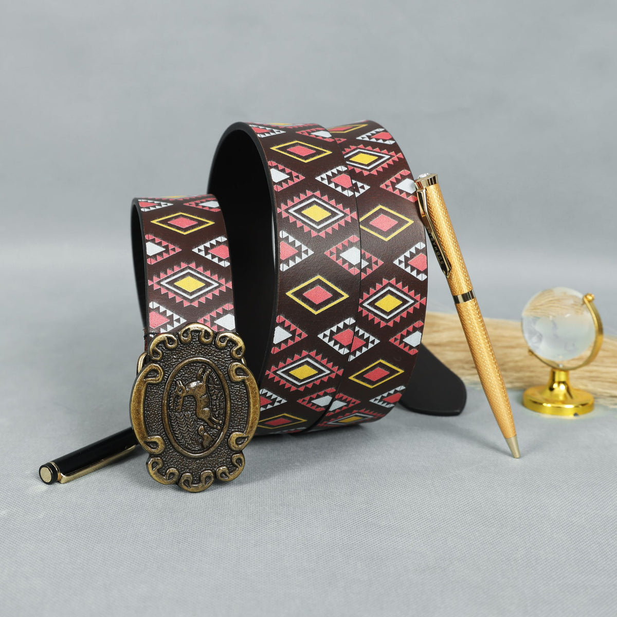 Unisex Tribal Patterned Leather Belt With Antique Medallion Buckle For Casual Western Wear