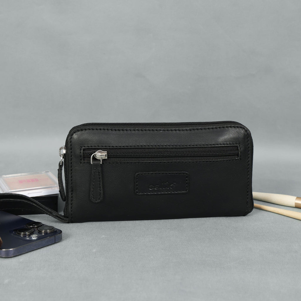 Premium Black Leather Zip-Around Wallet with Wrist Stra