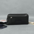 Premium Black Leather Zip-Around Wallet with Wrist Stra