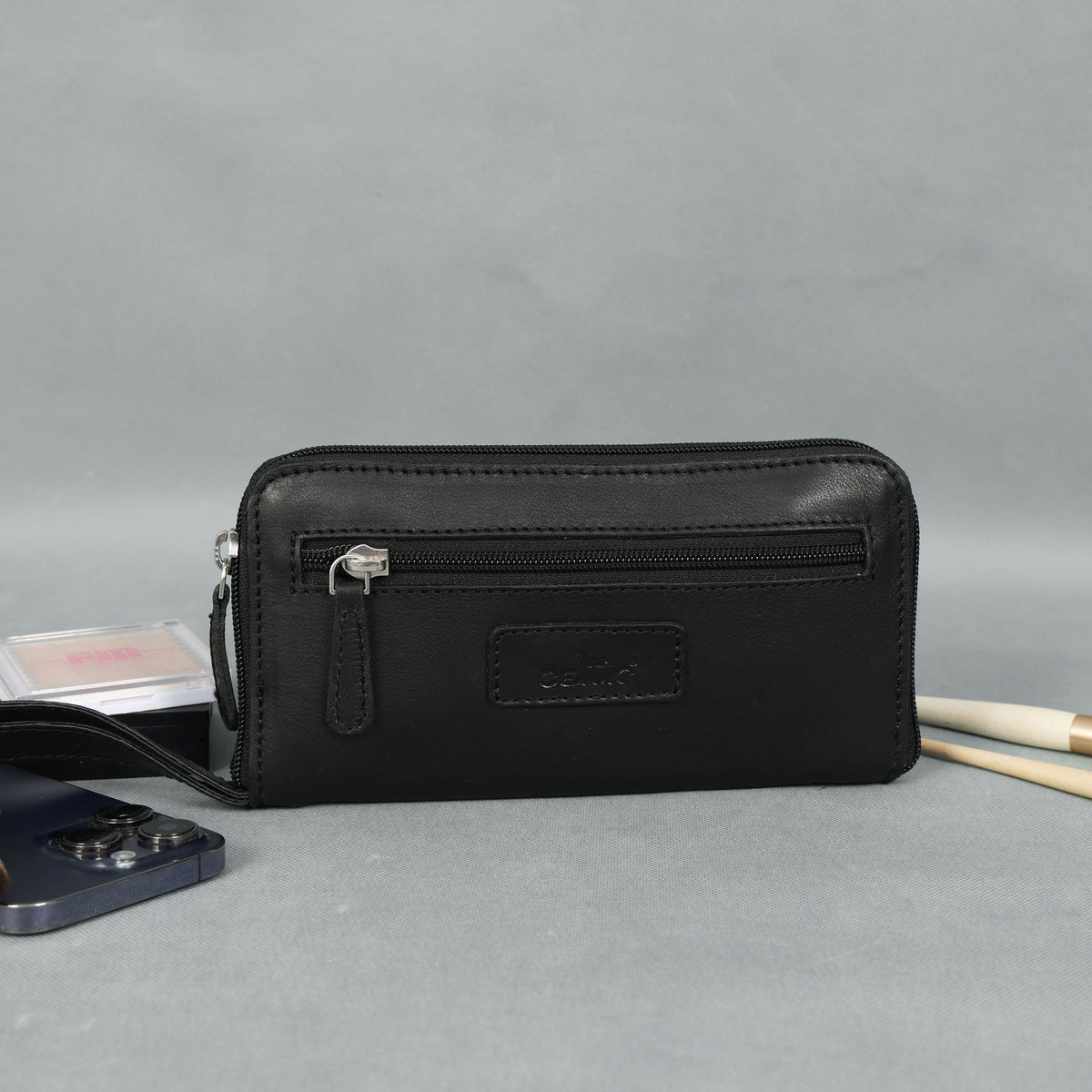 Premium Black Leather Zip-Around Wallet with Wrist Stra