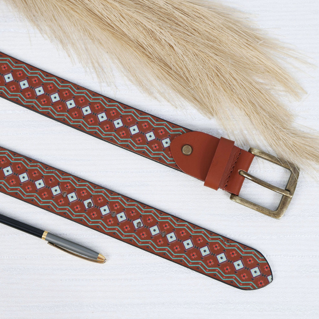 Handcrafted Aztec Pattern Leather Canvas Belt With Antique Buckle For Casual Wear