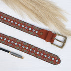 Handcrafted Aztec Pattern Leather Canvas Belt With Antique Buckle For Casual Wear
