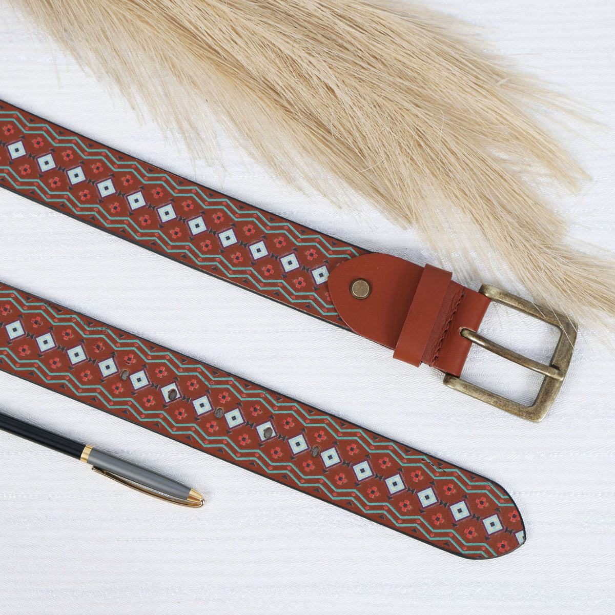Handcrafted Aztec Pattern Leather Canvas Belt With Antique Buckle For Casual Wear