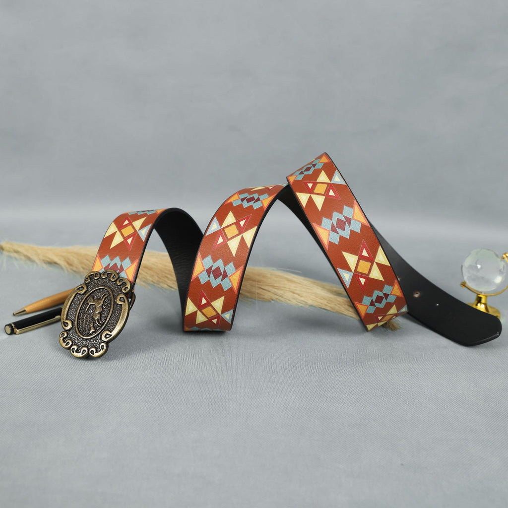 Unisex Aztec Pattern Leather Belt With Antique Buckle Handmade Ethnic Style Accessory.